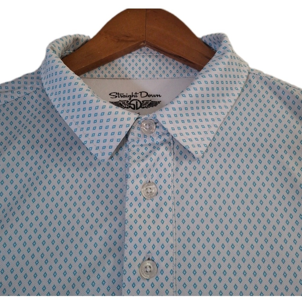 Straight Down Geometric Polo Shirt Men's L White Blue Golf Performance Stretch